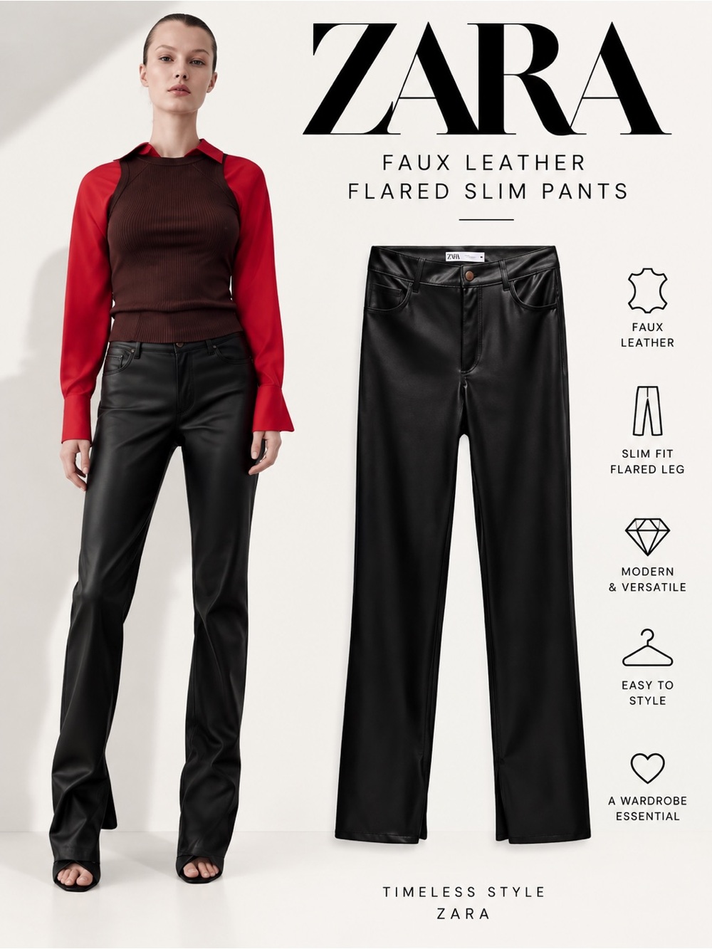ZARA Black Faux Leather Flared Pants Size 4 US 27 NWT